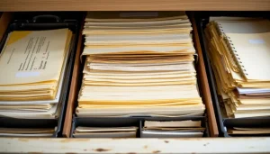 Open filing cabinet drawers contain papers arranged methodically, with files stacked neatly and folders labeled clearly.